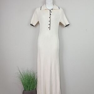 Womens V Neck Ribbed Knit Short Sleeve Slim Fit Bodycon Cream Maxi Dress sz M